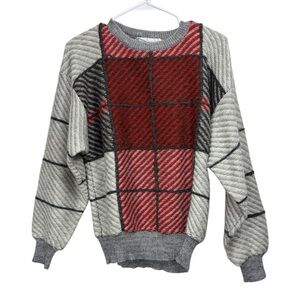 Vintage 90s Cty Size Large Grandpa Pullover Sweater 3D Red Gray Black Preppy